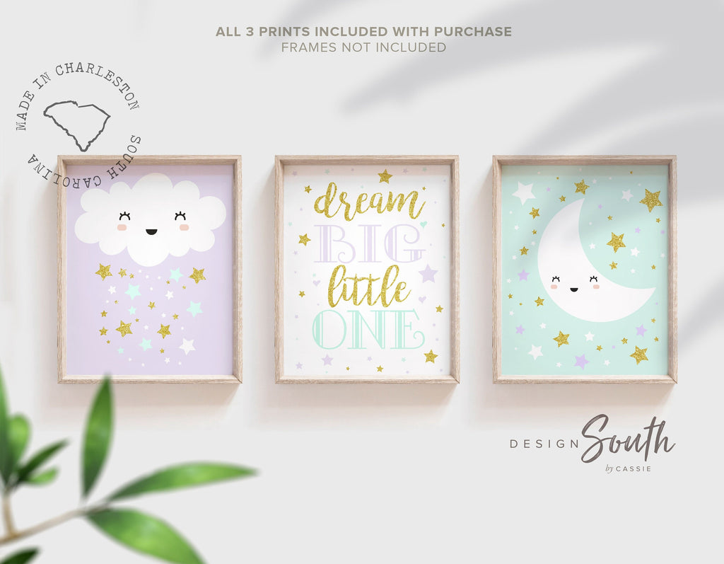 Girls nursery art, purple lilac mint gold, dream big, stars clouds moon, wall decor for baby girl room, baby shower gift girl, nursery art