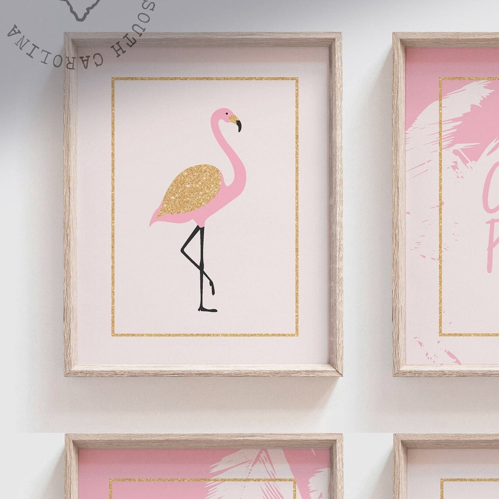 Girl tropical themed nursery decor, art blush pink gold sparkle personalized wall decor for girls, flamingo themed nursery decor wall art