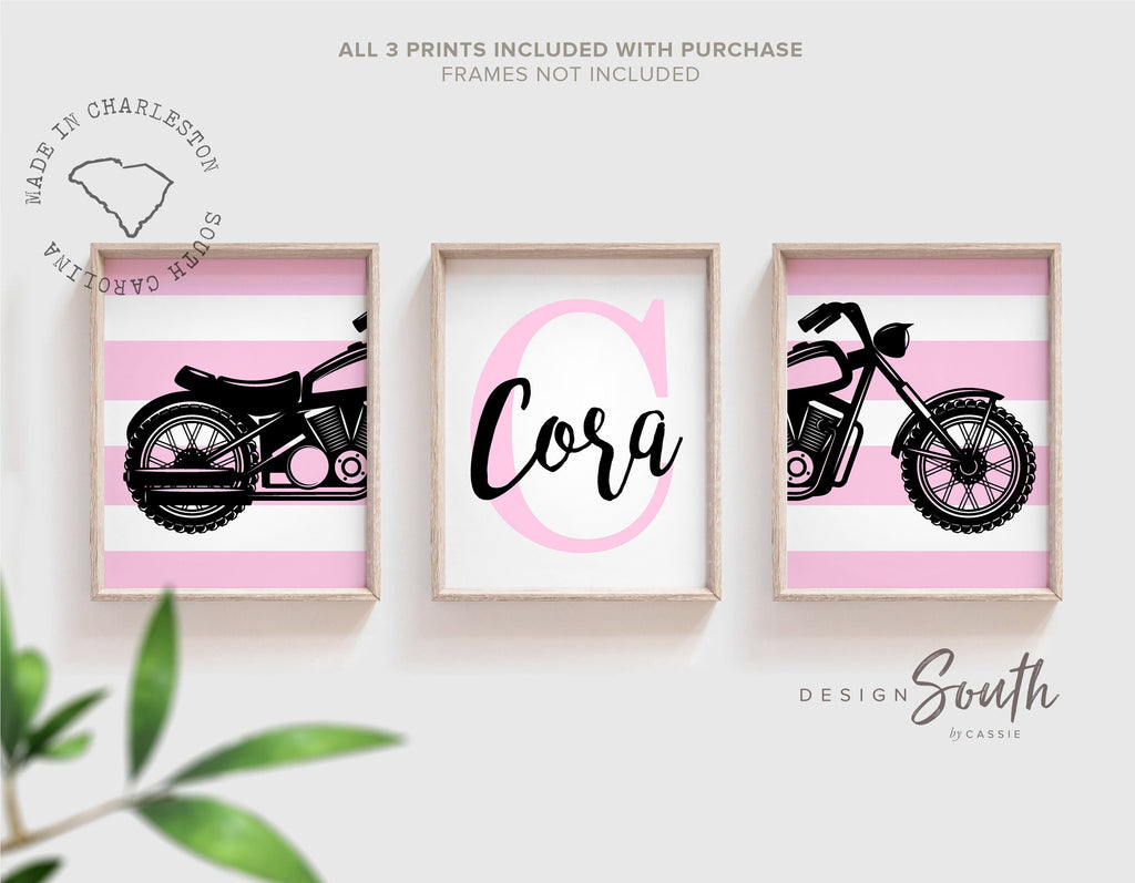 Toddler girl pink motorcycle themed art, girls motorcycle customized name print, pink harley davidson bedroom decor, baby pink harley wall
