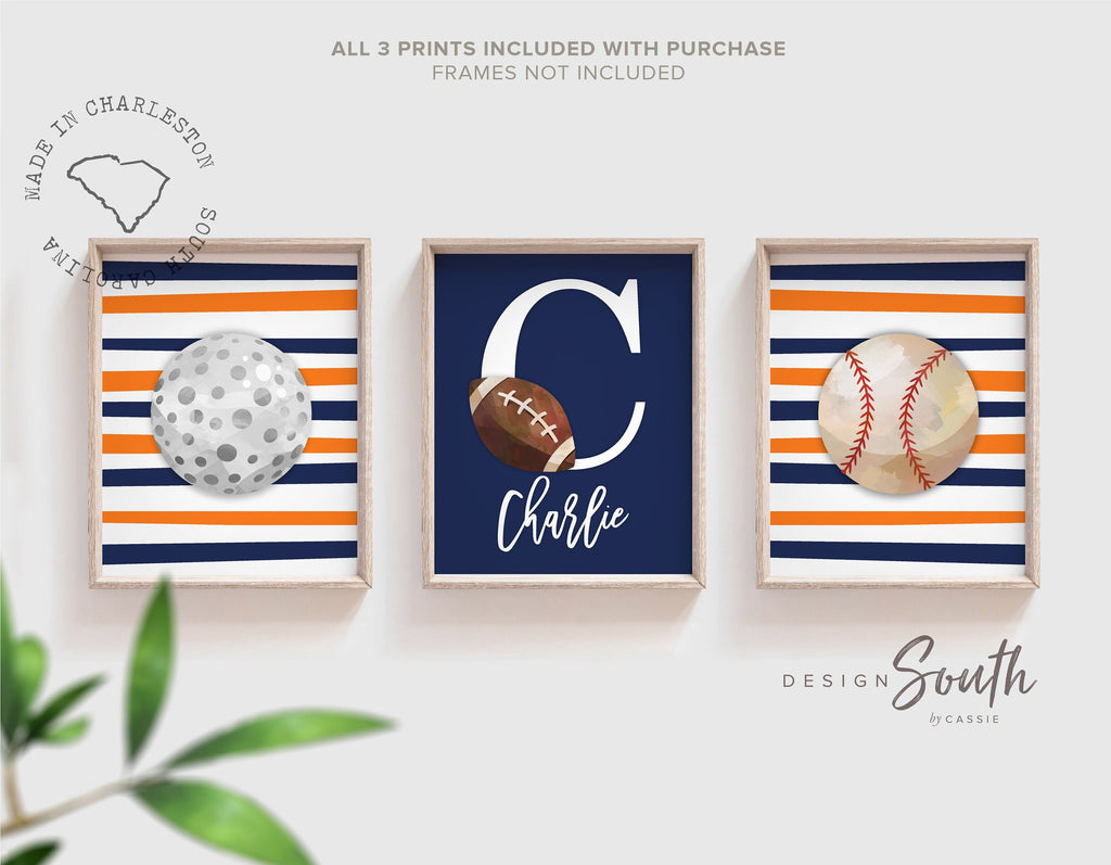 Sports wall art navy blue and orange, retro sports decor gift, sports art, personalized name picture sports theme, little boy sports custom