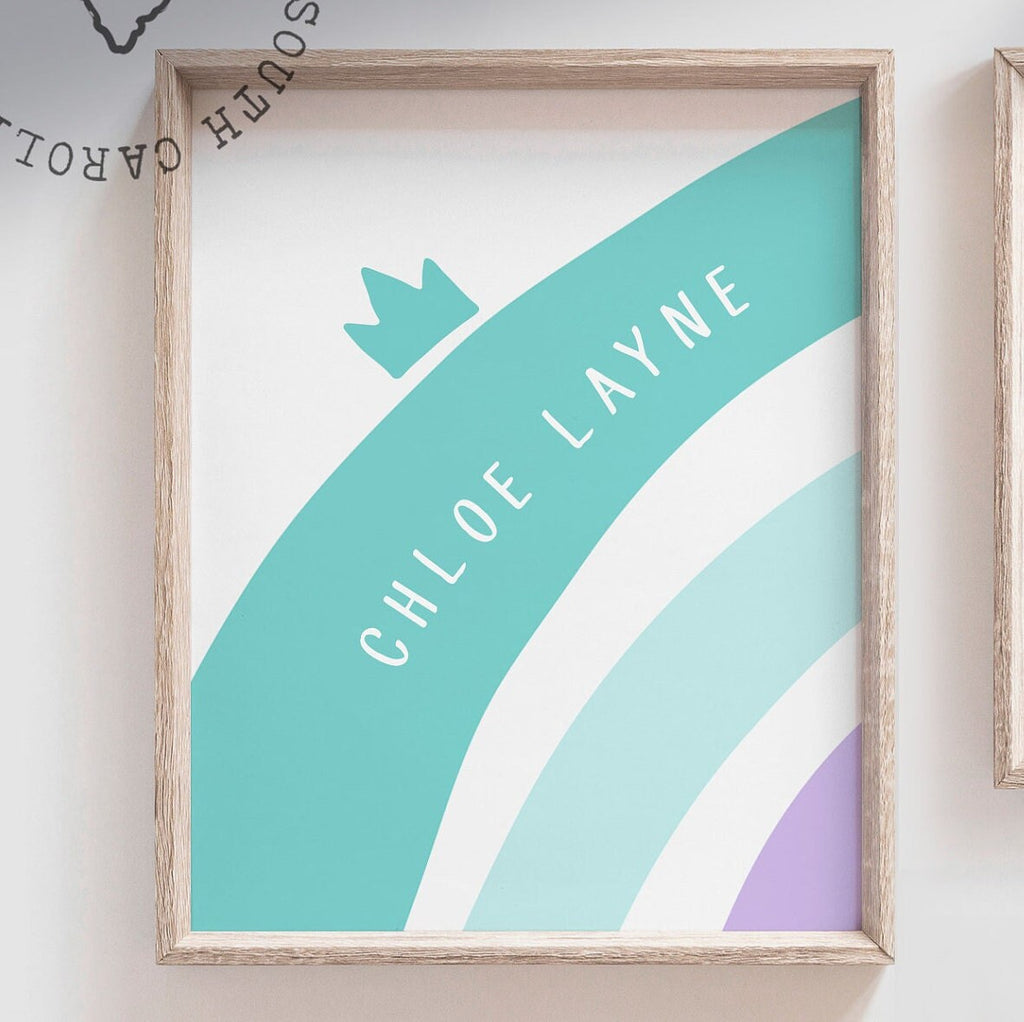 Rainbow nursery teal aqua purple lilac lavender pink, heart love girls name personalized gift, purple and teal nursery, girls bedroom wall