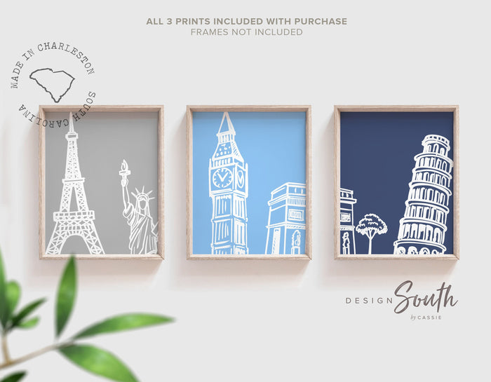 Navy blue travel themed art, paris london new york landmarks decor, leaning tower of pisa, paris eiffel tower art, travel bedroom decor kids