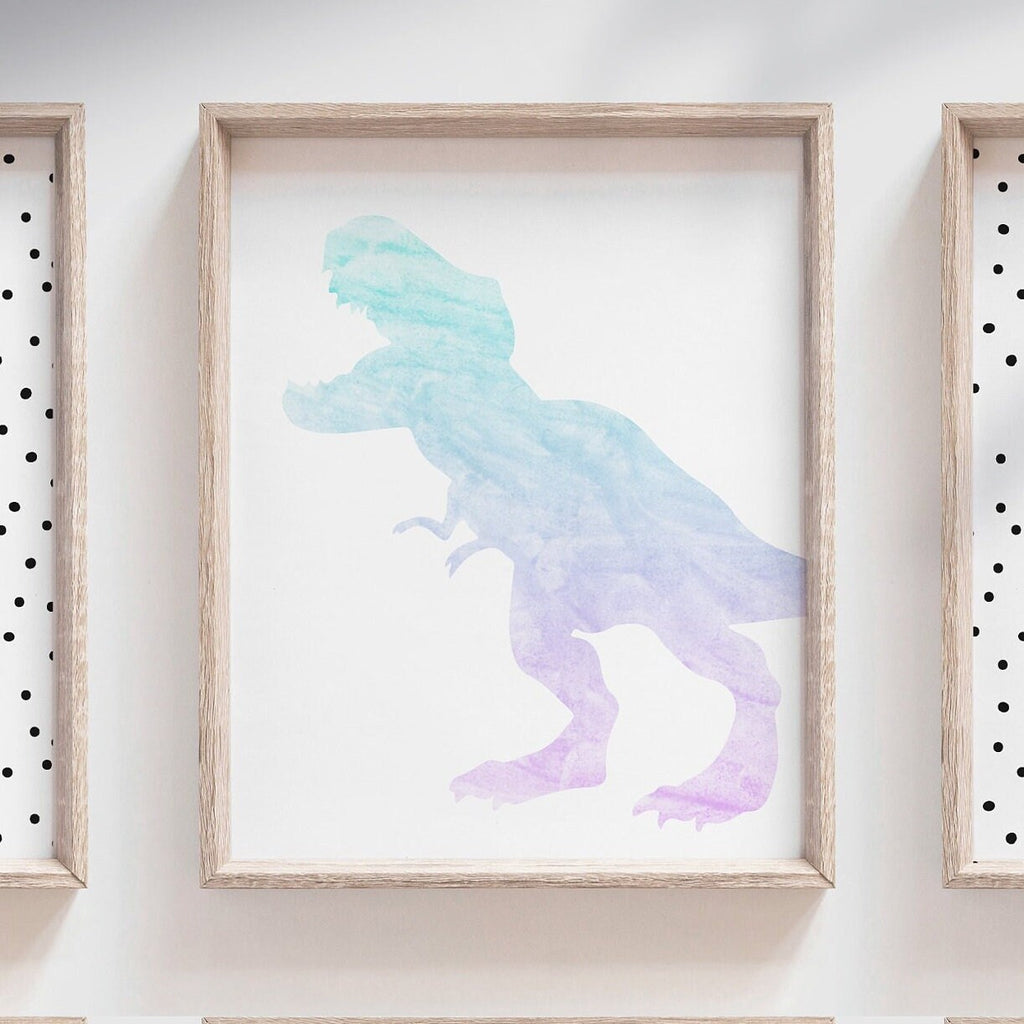 Ombre purple and aqua teal blue girls art, little girl toddler room dinosaur lover, purple teal dinosaurs, playroom art for girl dinosaurs