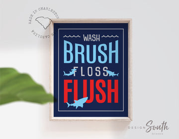 Shark bathroom decor, wash, brush, floss, flush, bathroom print, shark theme bathroom, boys bathroom print, blue and red, bathroom decor