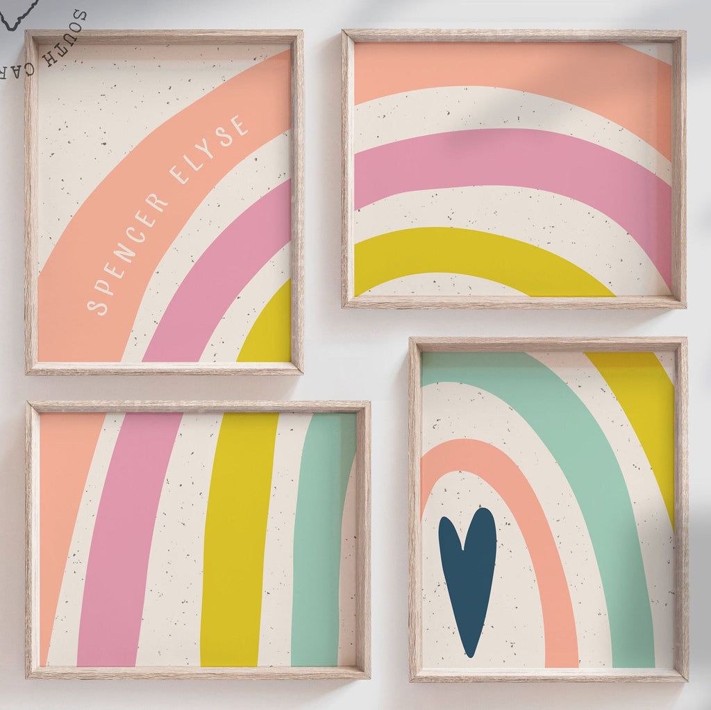 Monogram art, heart print set, rainbow monogram nursery decor for girls, girl's poster prints for playroom, rainbow themed bedroom wall art