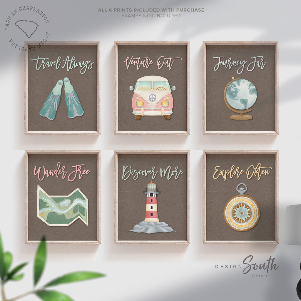 Travel themed kids bedroom wall art, print set of 6 travel art for children, playroom travel themed decor, inspirational travel art for kids