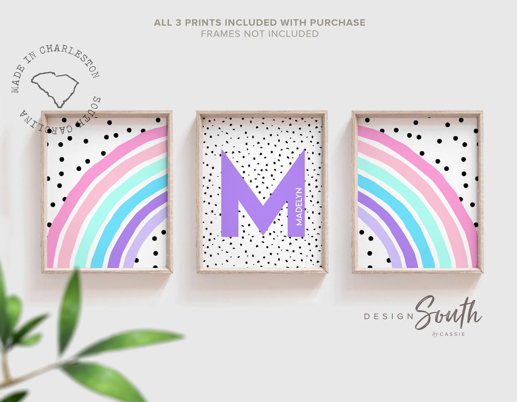 Rainbow nursery monogram art print, baby girl monogram nursery wall art, custom nursery wall art, rainbow monogram letter, polka dots kids