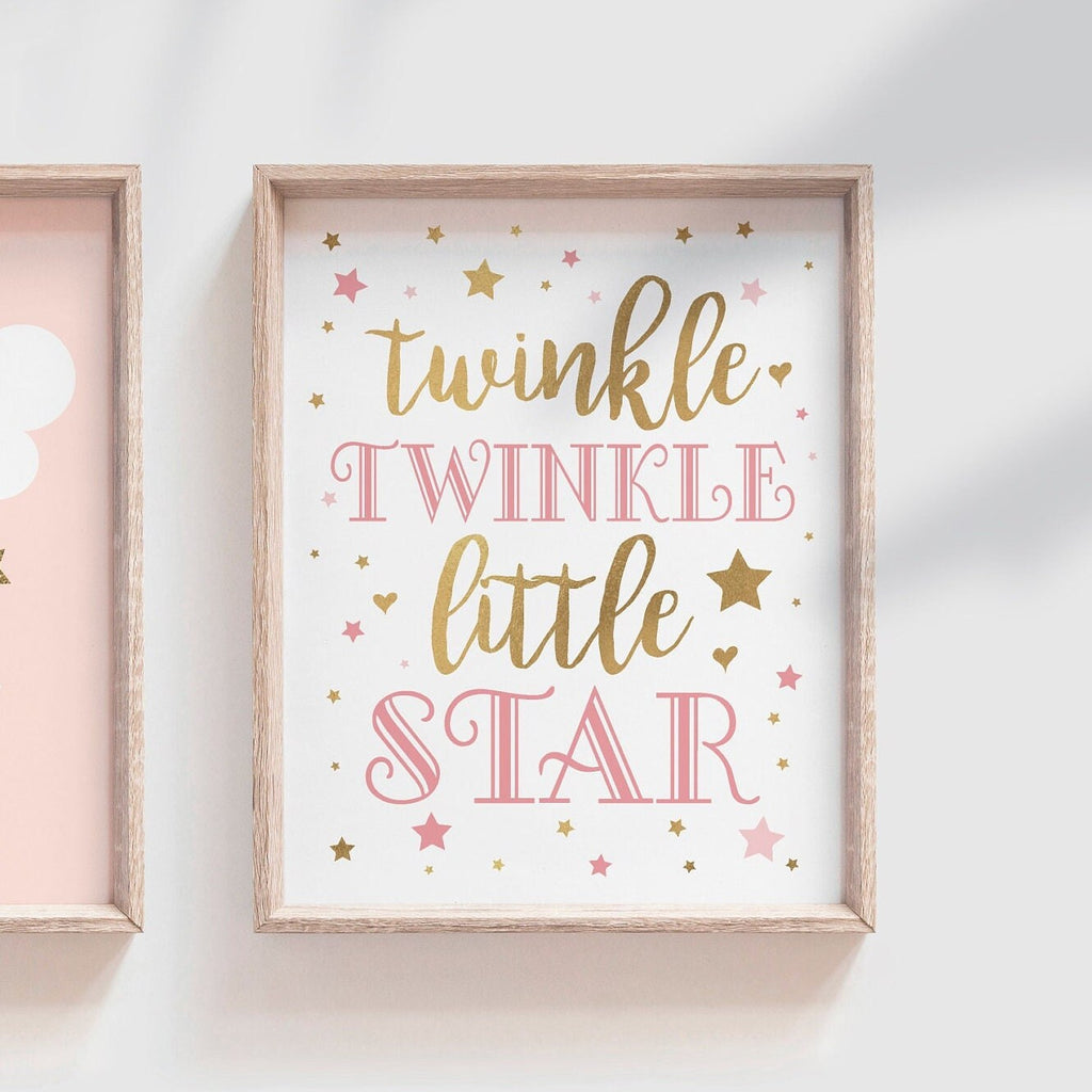 Pink cloud nursery art, modern baby girl room prints, pink baby room nursery decor, pink twinkle twinkle little star, girl nursery gift idea