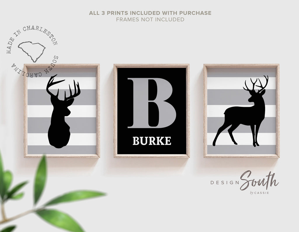 Nursery deer decor, deer prints, buck deer, black and gray deer art, deer art for playroom, deer for child's bathroom, personalized deer art