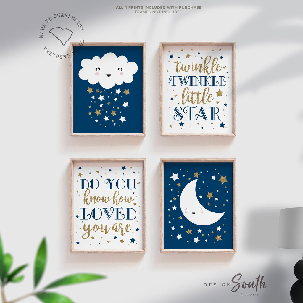 Moon stars nursery, celestial nursery boy, navy blue gold, moon stars & clouds, baby boy art, star moon baby decor, celestial art wall decor