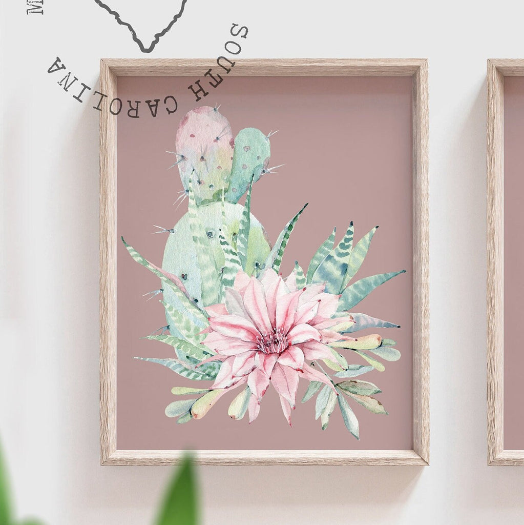 Succulent wall art print, mauve bathroom decor, ideas for bathroom decorating, cactus blooms theme, mauve bathroom art for adult or children