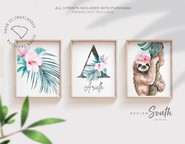 Tropical nursery, baby sloth themed baby accessories, trendy gift baby shower girl, little girl bedroom wall decor tropical, baby animal art