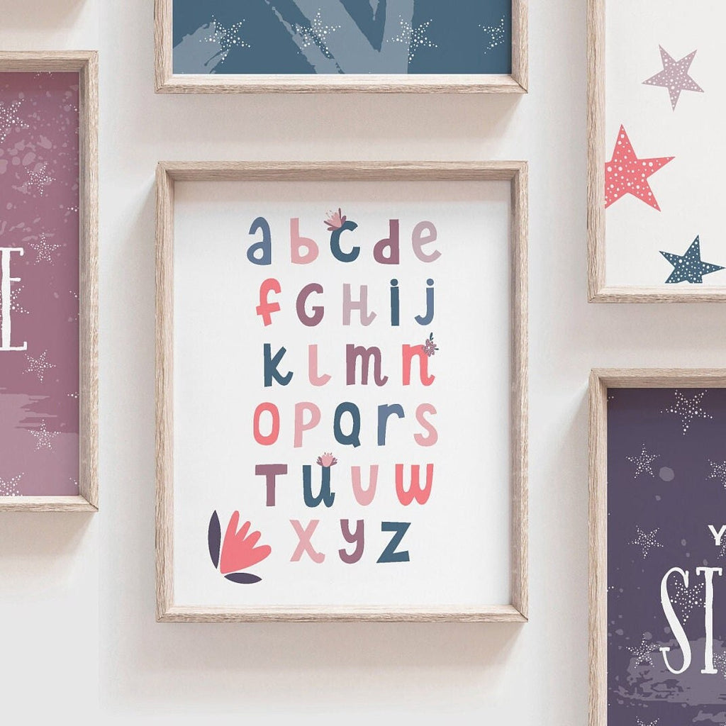 Purple and pink girl's bedroom wall art, little girl room art, playroom wall art for girl, toddler girl bedroom decor, girl abcs dinosaurs