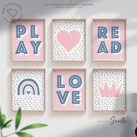 Play read love, little girl room wall art, playroom wall art for girl, heart crown rainbow art, girl reading wall art, gift girl birthday