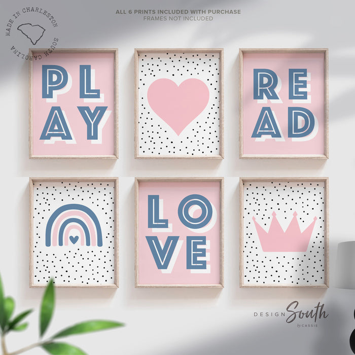 Play read love, little girl room wall art, playroom wall art for girl, heart crown rainbow art, girl reading wall art, gift girl birthday