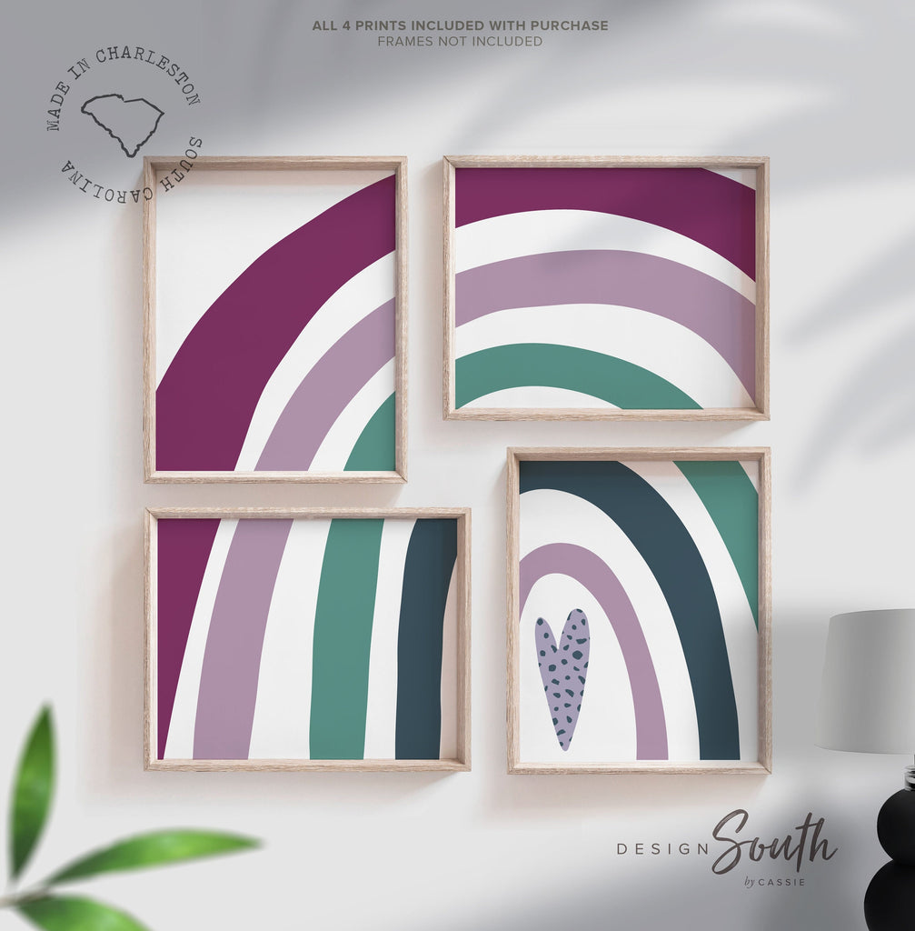 Modern purple green nursery art, baby girl room purple & green colors, girl bedroom purple shade rainbow, trendy nursery moody color rainbow