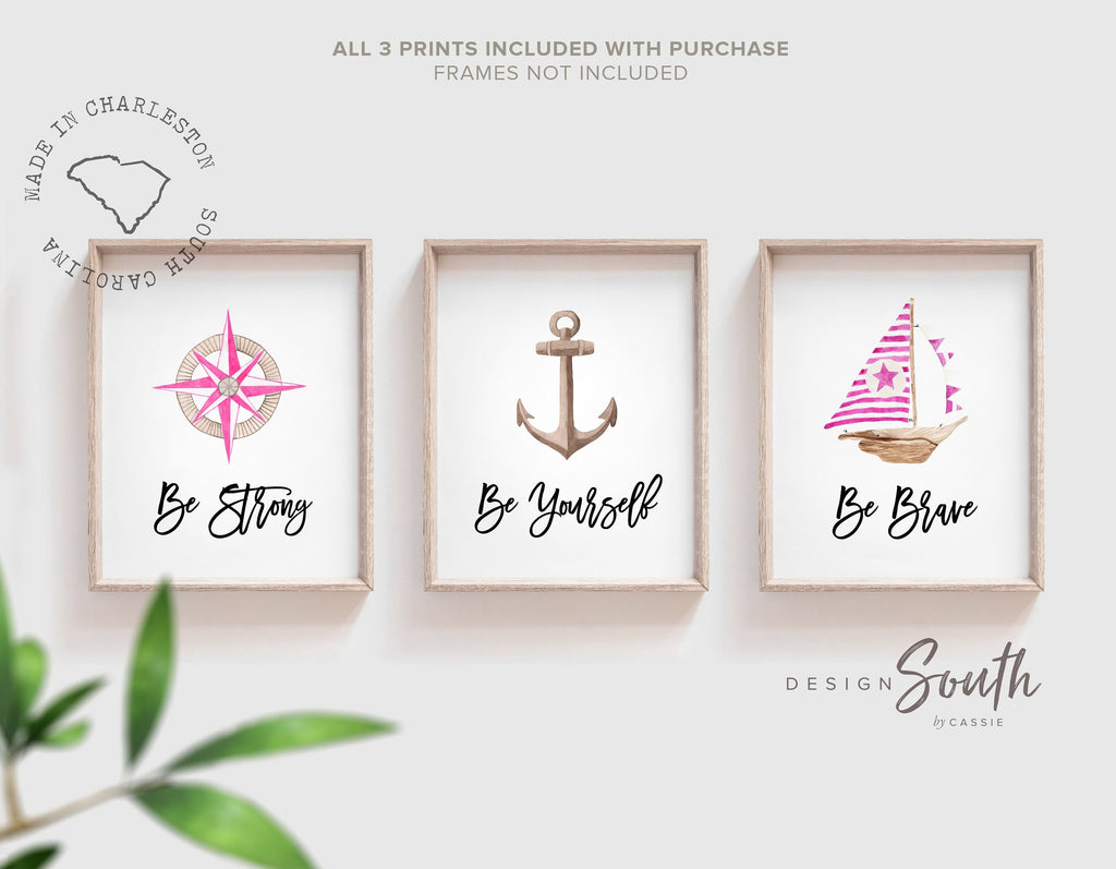 Nautical girl room art, pink anchor sailboat compass collection nautical prints, nautical nursery art, ocean theme wall art, sea baby art
