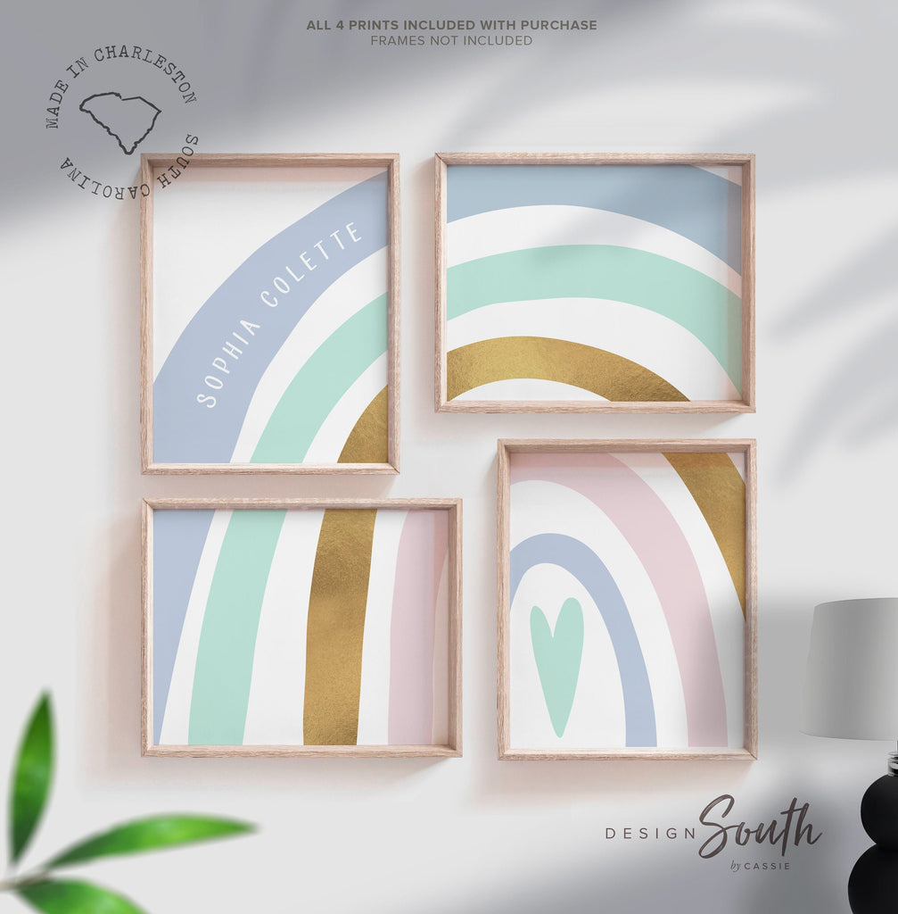 Blue aqua and gold nursery bedroom baby room decor, nursery girl's name art prints, wall art rainbow themed blue gold, personalized nursery