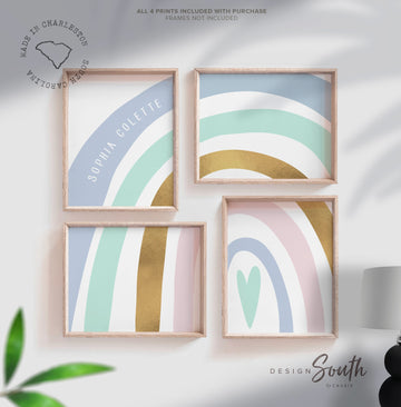Blue aqua and gold nursery bedroom baby room decor, nursery girl's name art prints, wall art rainbow themed blue gold, personalized nursery