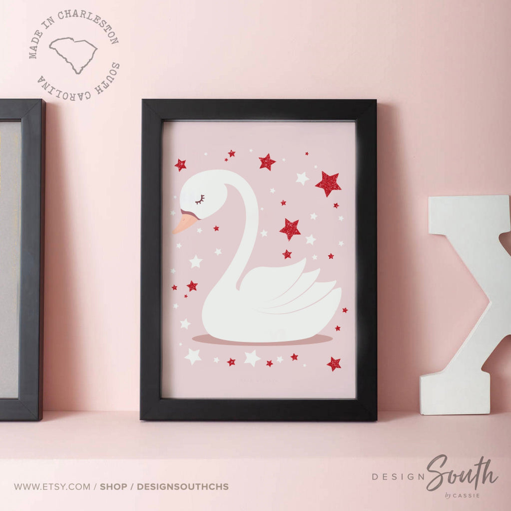 Pink and red retro baby wall decor, pink red baby girl nursery art, pink red wall art girl nursery, wall decor for girls nursery, pink swans