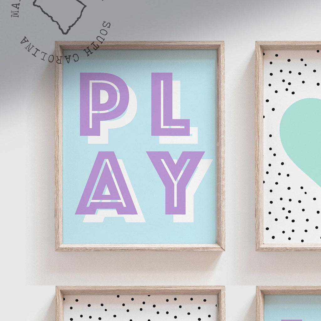 Aqua and purple playroom, aqua purple girl's bedroom art, wall decor for little girl room, play read love art print set, aqua purple hearts