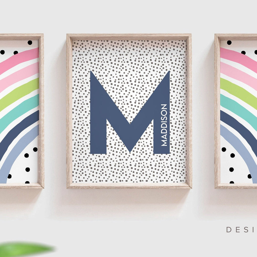 Pink and navy blue girls name art, personalized name initial rainbow, gift for little girl, baby girl birthday gift, navy pink bedroom decor