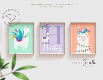 Llama alpaca birthday gift, llama wall art nursery print, baby alpaca cute llama flower crown, peach coral lilac mint, nursery succulent art