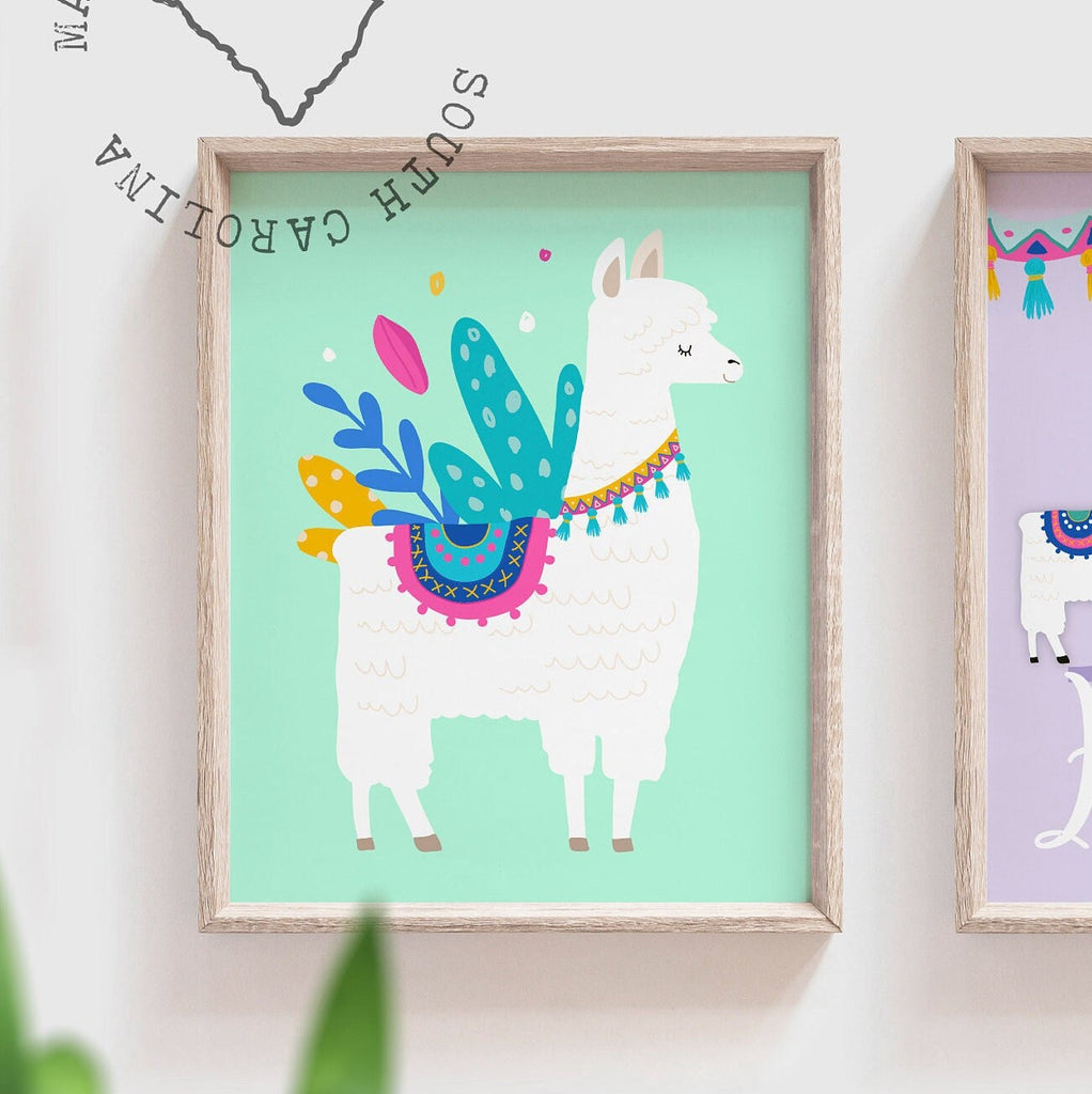 Llama alpaca birthday gift, llama wall art nursery print, baby alpaca cute llama flower crown, peach coral lilac mint, nursery succulent art