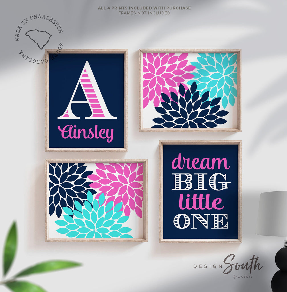 Girls nursery decor, dahlia prints, girls flower decor, hot pink nursery, baby girl art, dream big quote, little girl room monogram decor