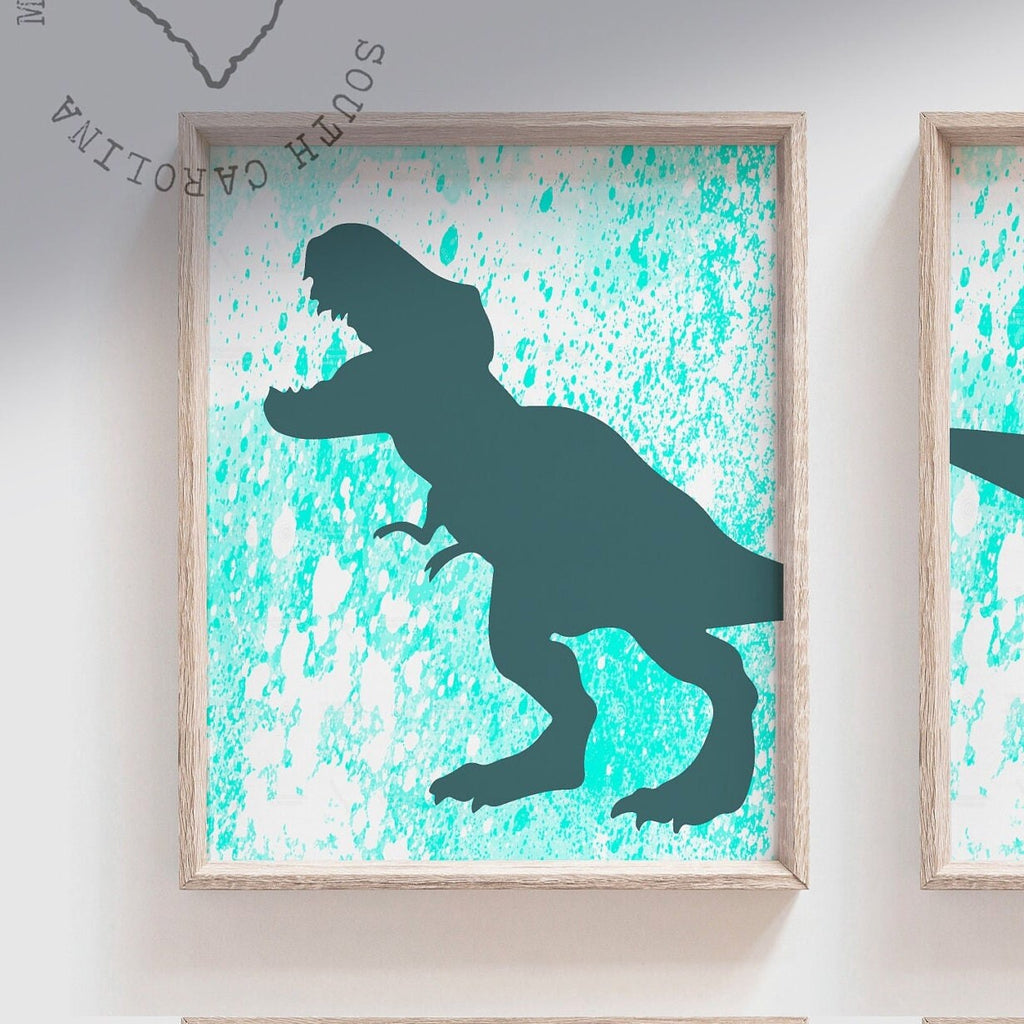 Aqua teal blue boy bedroom decor, wall art for boys aqua teal dinosaurs, wall collection of dinosaurs, turquoise boy bedroom, toddler prints