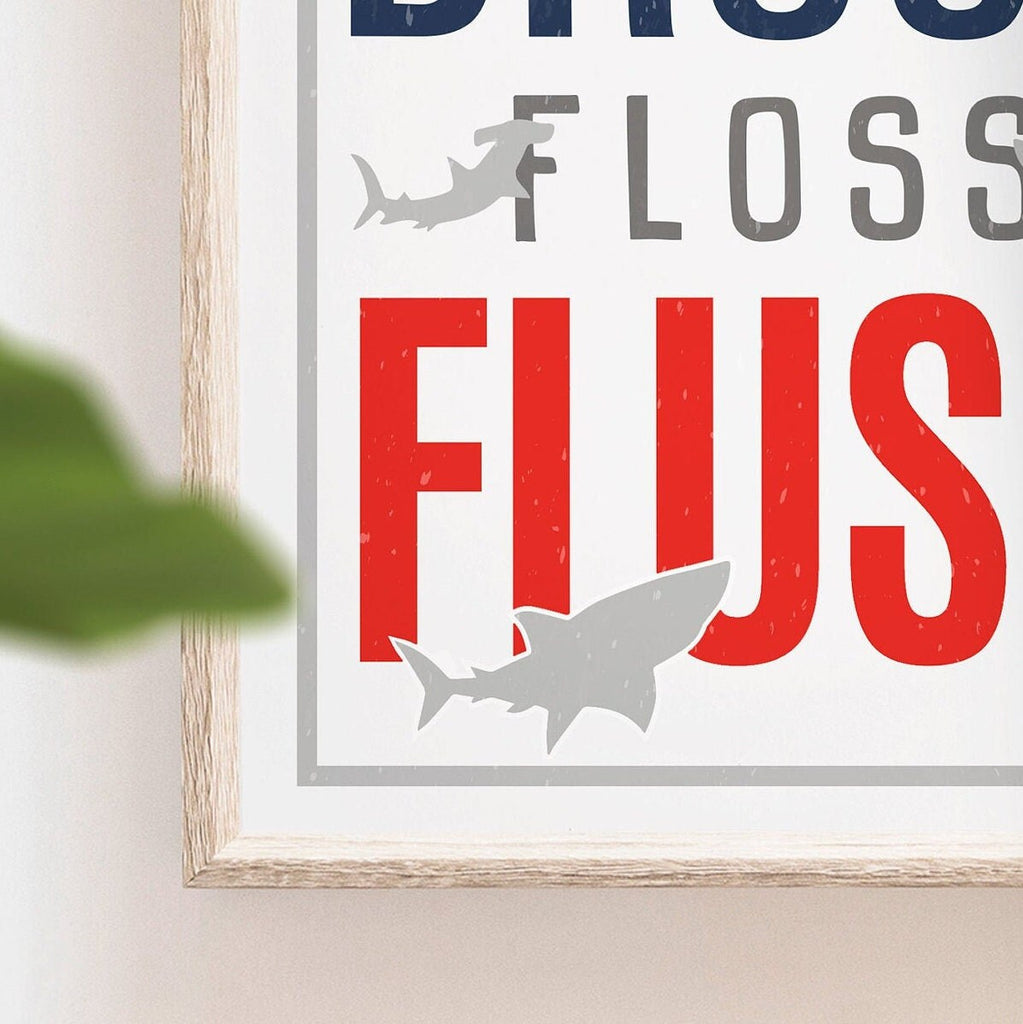 Shark bathroom decor, boys bathroom decor, sharks wash brush floss flush, red navy blue gray bathroom wall art, shark theme kid bathroom art