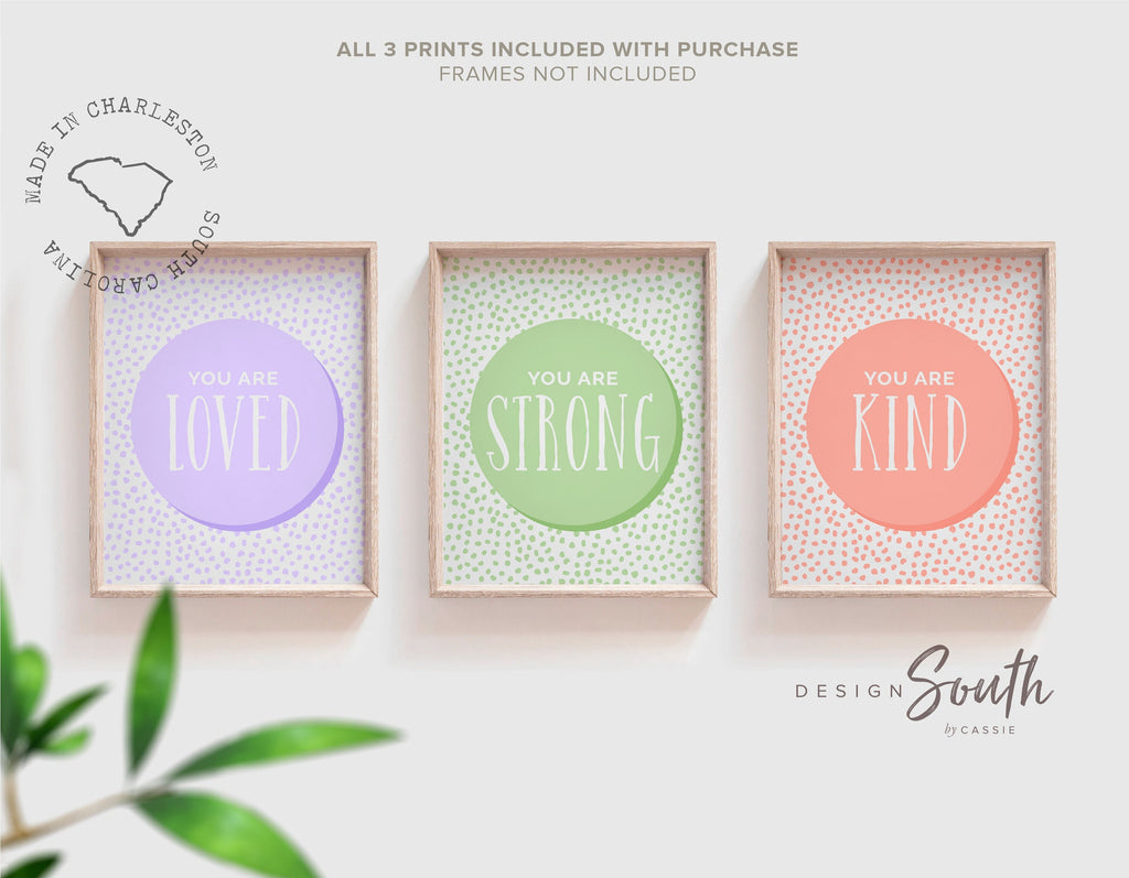 Art prints purple green coral, little girl room art set, you are strong, you are loved, you are kind, positive print set for kids set of 3