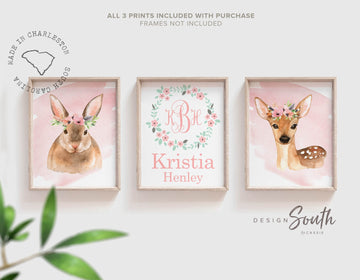 Woodland nursery art prints baby girl pink, animal wall decor for little girls room, monogram personalized first and middle name, bunny deer