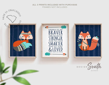 Woodland nursery decor, you are braver smarter stronger, woodland fox theme room decor, boys nursery decor woodland animals, fox baby shower