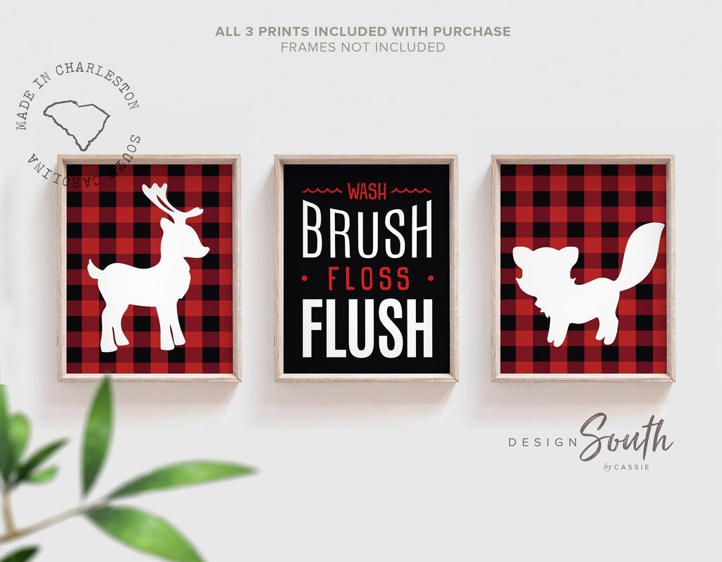 Woodland theme children's bathroom, deer fox wash brush flush, buffalo check shower bathroom decor, lumberjack bathroom children's wall art