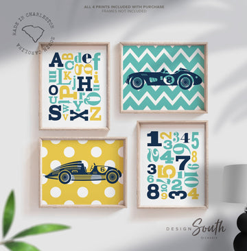 Yellow teal, boy car nursery, boy car bedroom, car wall art prints, kid car theme art, race car decor, boys race car art, navy blue kid art