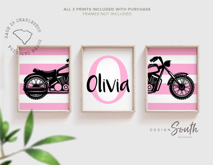 Girl pink motorcycle nursery, girl's pink harley motorcycle, girl pink black motorcycle themed art, pink motorcycle decor monogram name art