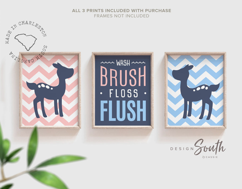 Woodland theme childrens bathroom, cute baby deer wash brush flush, pink blue boy girl twin shower bathroom decor, bathroom children wall