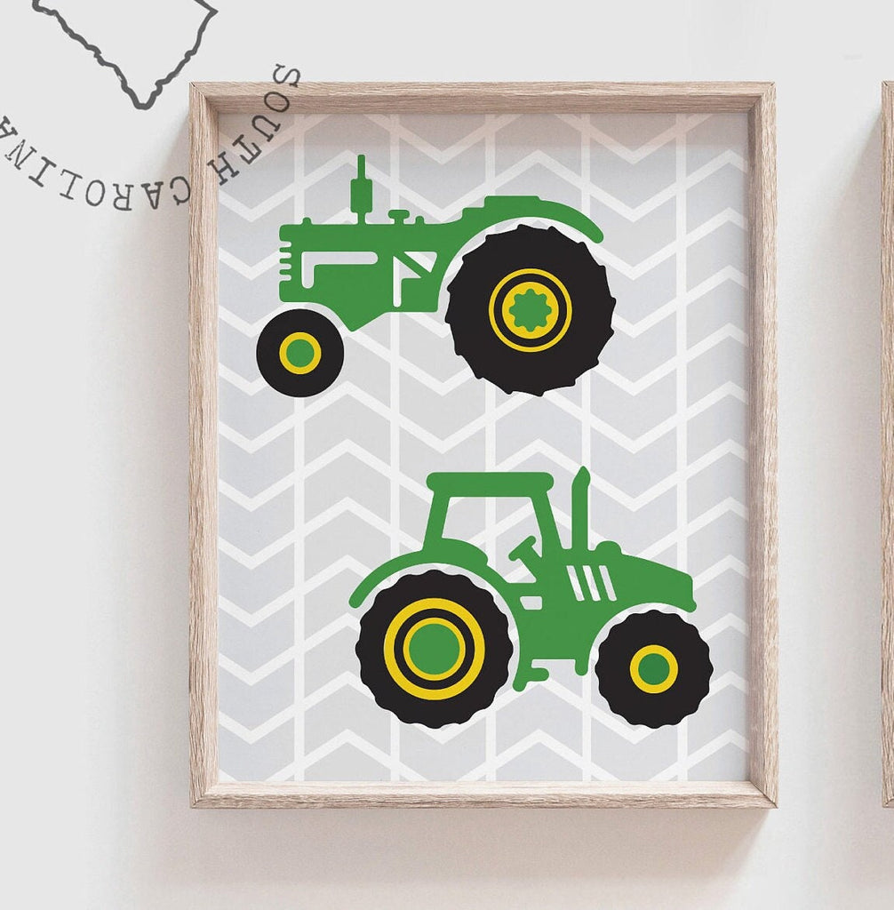 Kids farm tractor truck theme bedroom decor, baby boy tractor gift, boy nursery tractor theme, print poster set green gray tractor trucks