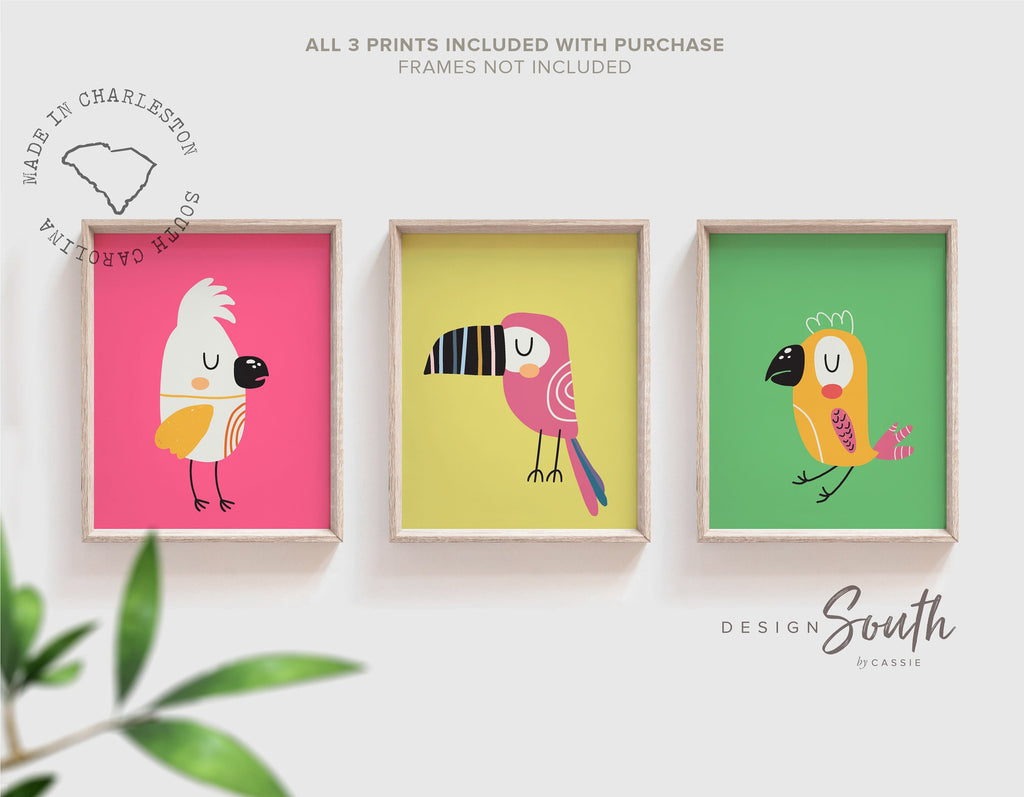 Toucan bird prints, wall art tropical bird, pink tropical wall art, pink yellow green bright tropical art, modern trendy bright art set of 3