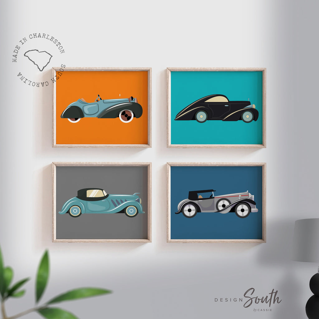 Car nursery decor, retro kids car decor, vintage car art print set, boy bedroom idea, orange gray blue boy wall, car nursery gift, car theme