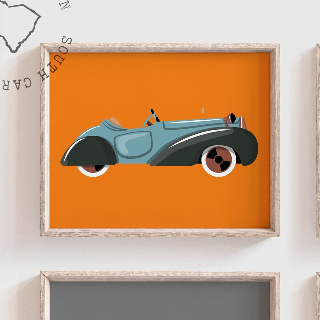 Car nursery decor, retro kids car decor, vintage car art print set, boy bedroom idea, orange gray blue boy wall, car nursery gift, car theme