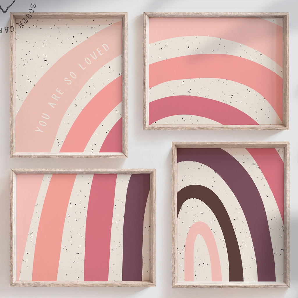 Boho blush mauve nursery, you are so loved, nursery wall art rainbow, over bed or crib art, neutral wall art, boho kids bedroom playroom art