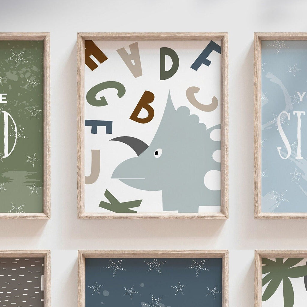 Boy dinosaur bedroom nursery or playroom, boys shared room wall ideas, modern dinosaur art prints for boys room, toddler little boy decor