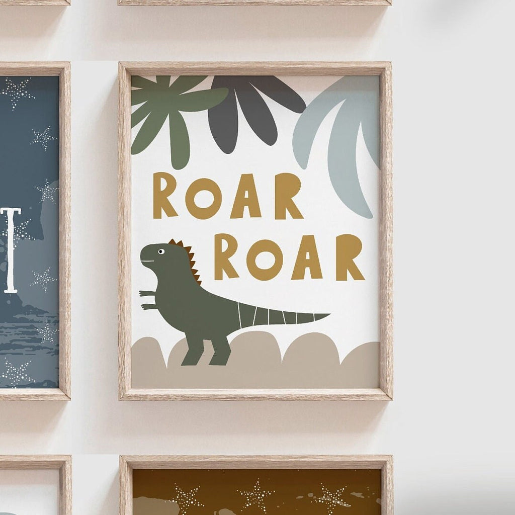 Boy dinosaur bedroom nursery or playroom, boys shared room wall ideas, modern dinosaur art prints for boys room, toddler little boy decor