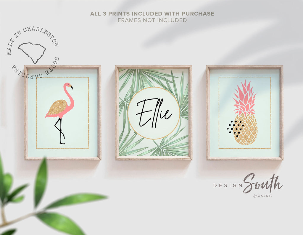 Mint coral gold nursery baby girl wall art, girls personalized name set flamingo pineapple palm leaves, mint green girl tropical room themed