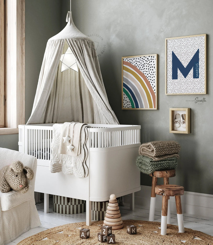Boys rainbow decor, neutral kids wall hanging with name, kid playroom rainbow posters, kid room decor personalized, earthy neutral child art