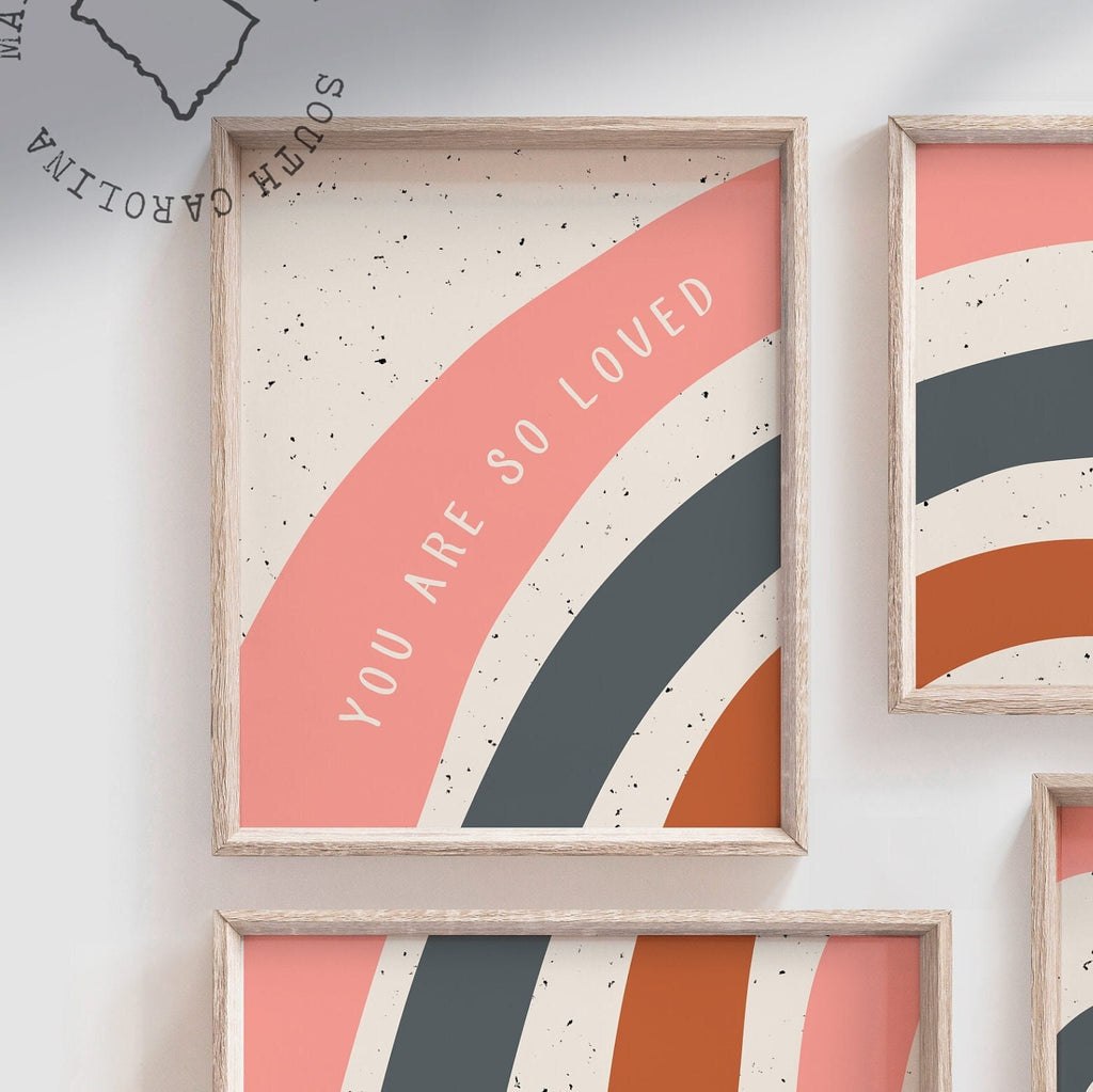 Rainbow nursery wall decor, baby room wall muted rainbow, rainbow child art prints, playroom wall ideas, rainbow images, you are so loved