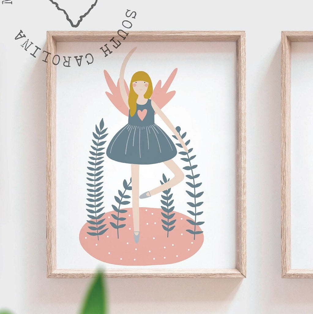 Ballerina nursery art, girls dance nursery bedroom decor, baby fairy ballerina dancer prints, pink blue girls dance art. dancing ballerinas