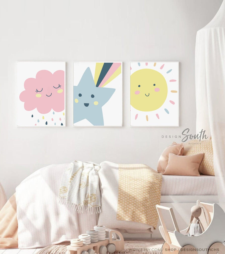 Trendy pastel nursery, shooting star wall art, nursery kids bedroom decor star cloud sun, neutral pastel newborn, sunshine nursery print set
